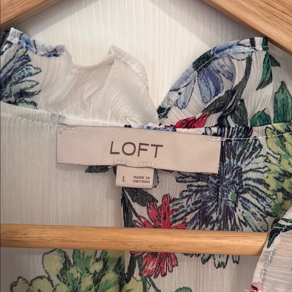 LOFT Blue and Red Long Sleeve Tie Front Blouse - Picture 5 of 6